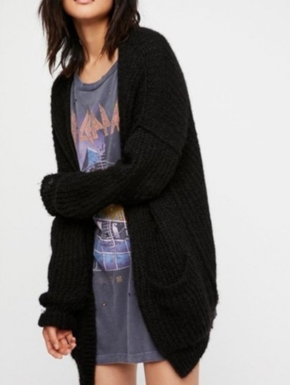 Free People Alpaca Wool Black Oversized Lightweight Open-Front Cardigan Sweater